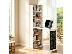 Bureau mural rabattable avec étagère 9 niches et tableau - plan de travail pliable mdf et bois - blanc, noir