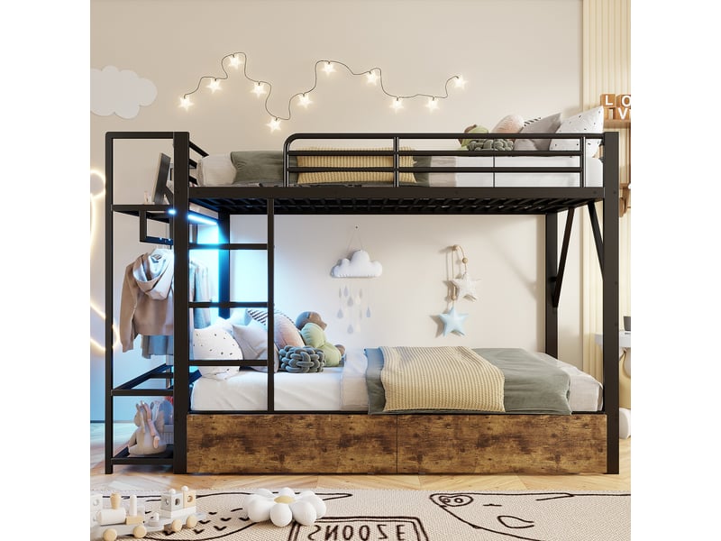 Lit mezzanine avec rangements 140x200 cm, 2 tiroirs et étagères, lit surélevé avec led et tringle à vêtements, métal et mdf, noir - Conforama C