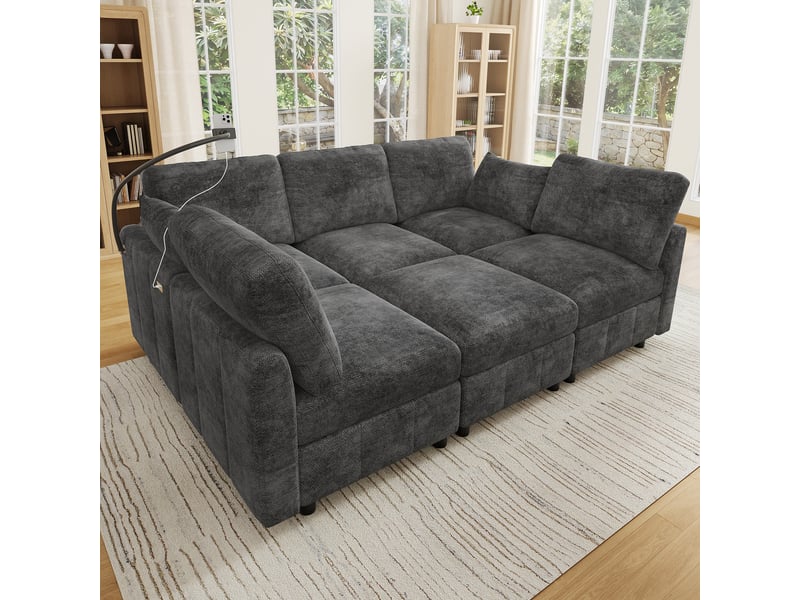 Canapé modulable convertible 6 places en chenille gris, 218 cm, usb-c et pouf IKSETERA TRADING LTD - Conforama B