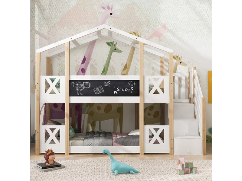  Lit superposé, lit 2 places 90x200 cm en bois avec escalier de rangement, tableau et barrière, sans matelas  - Conforama B