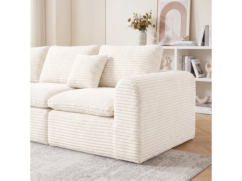  Canapé d’angle modulable 4 places 280 cm, 3-en-1, sans cadre rigide, mousse et ressorts, couchage d’appoint, velours côtelé, beige Morn Vibe - Conforama D