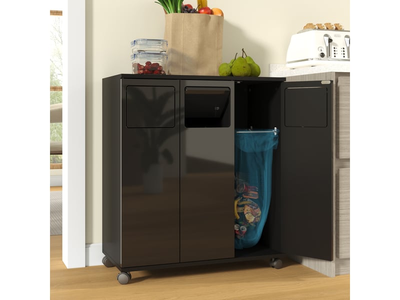  Meuble de tri des déchets 69,3x35x80 cm noir en mdf, 3 portes, roulettes verrouillables pour cuisine  - Conforama B