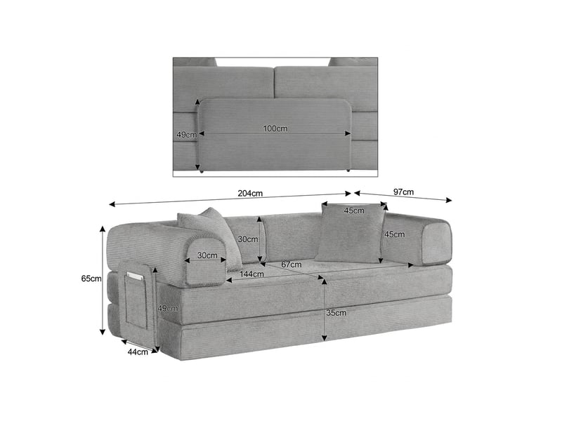  Canapé convertible 3 places canapé de sol tatami en velours côtelé taupe avec 2 coussins  - Conforama D