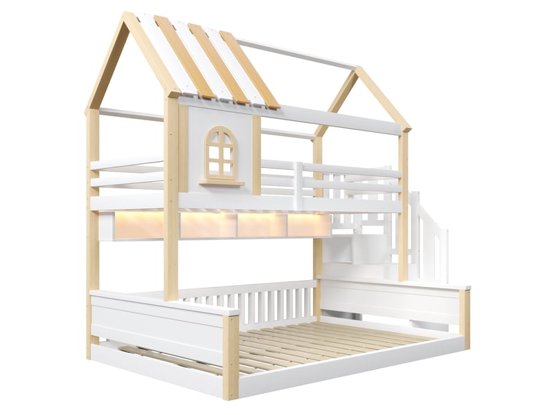  Lit superposé maison blanc et naturel 90/140x200 cm, led, fenêtres et rangements  - Conforama E