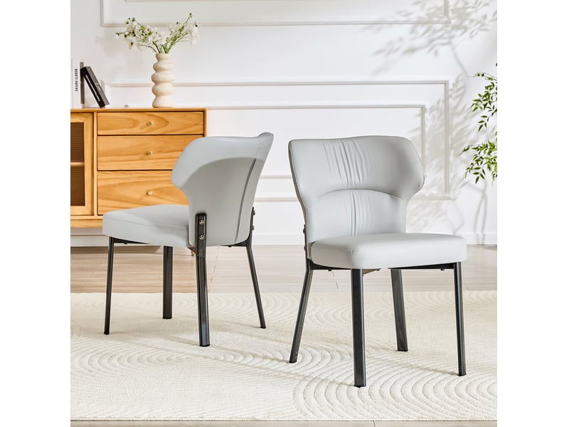  Lot de 2 chaises de salle à manger grises en cuir régénéré, piètement métal noir, confort au quotidien  - Conforama E