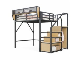 Lit mezzanine 140 x 200 cm noir avec échelle de sécurité et étagère modulable