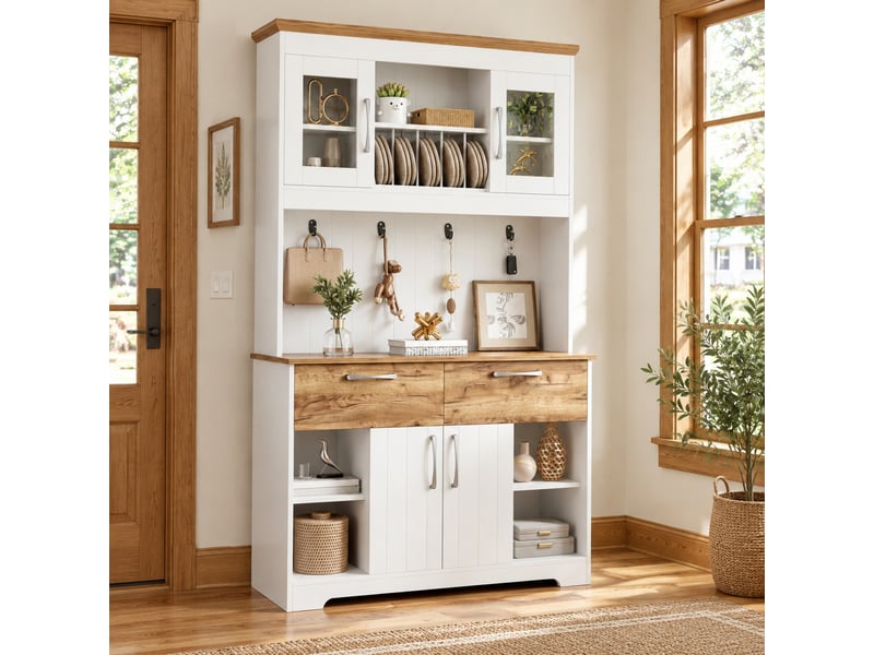  Buffet avec 2 tiroirs, portes vitrées et patères pour cuisine en panneaux de particules 106×39×176,5 cm blanc naturel  - Conforama B