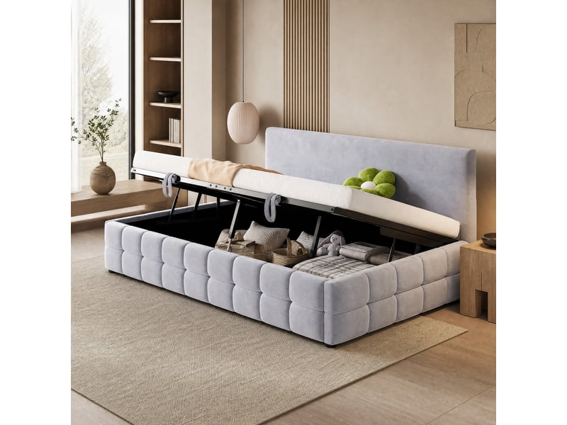  Lit banquette coffre 90x200 cm en velours gris clair avec dossier  - Conforama B