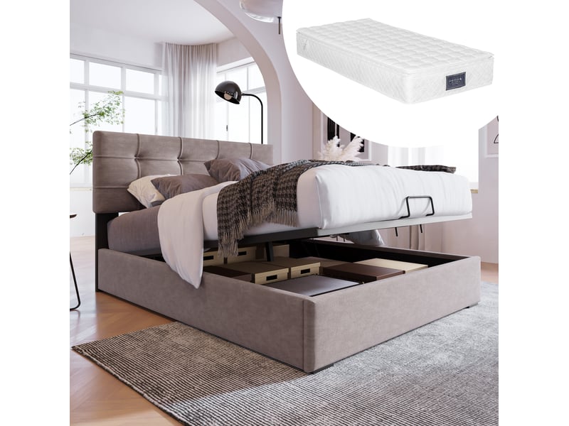  Modenvie lit coffre 90x200 cm - tête de lit réglable et rangement intégré, matelas inclus - gris clair  - Conforama B