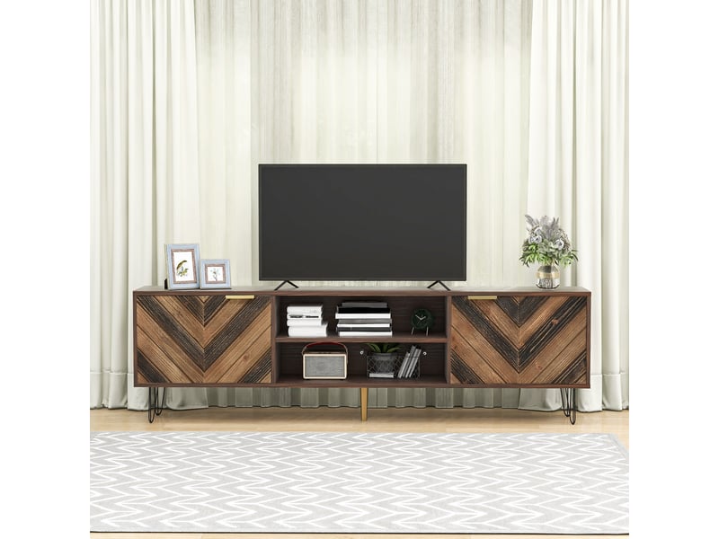  Meuble tv bois massif 155 cm avec 2 portes et pieds en métal, finition naturelle  - Conforama C