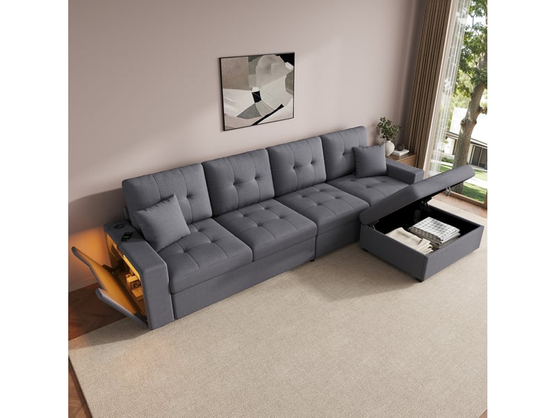  Canapé d'angle modulaire modenvie 4 places avec pouf coffre, rangements, led et prises usb type-c, tissu gris antique 253 x 144,5 x 80,7 cm  - Conforama D