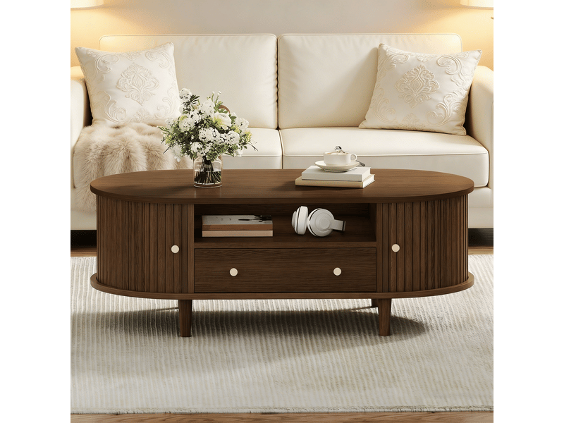  Table basse 100x50x40, couleur noyer table basse salon, tiroir rangement ouvert, porte roulante 4 pieds  - Conforama A