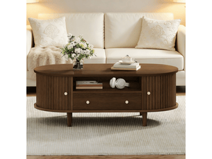 Table basse 100x50x40, couleur noyer table basse salon, tiroir rangement ouvert, porte roulante 4 pieds