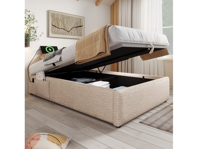  Modenvie lit coffre 90x200 cm - avec rangement hydraulique, ports usb-c, sans matelas - beige  - Conforama E