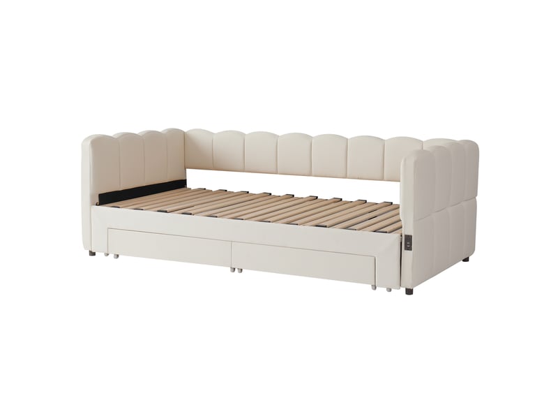  Lit banquette gigogne 90x190 cm extensible à 180 cm en lin beige avec 2 tiroirs et usb  - Conforama D