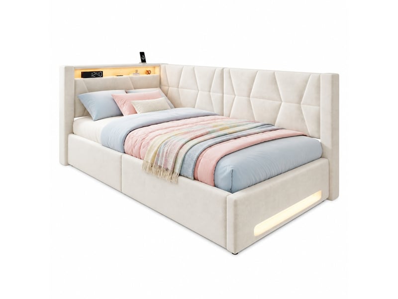  Lit coffre 90x200 cm, métal et velours, led, ports usb et type-c, sommier à lattes, finition beige, matelas non fourni  - Conforama E
