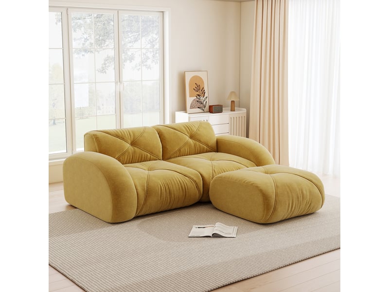  Canapé modulable, canapé 2 places – en tissu chenille, mousse haute densité, jaune, base antidérapante, avec pouf  - Conforama A