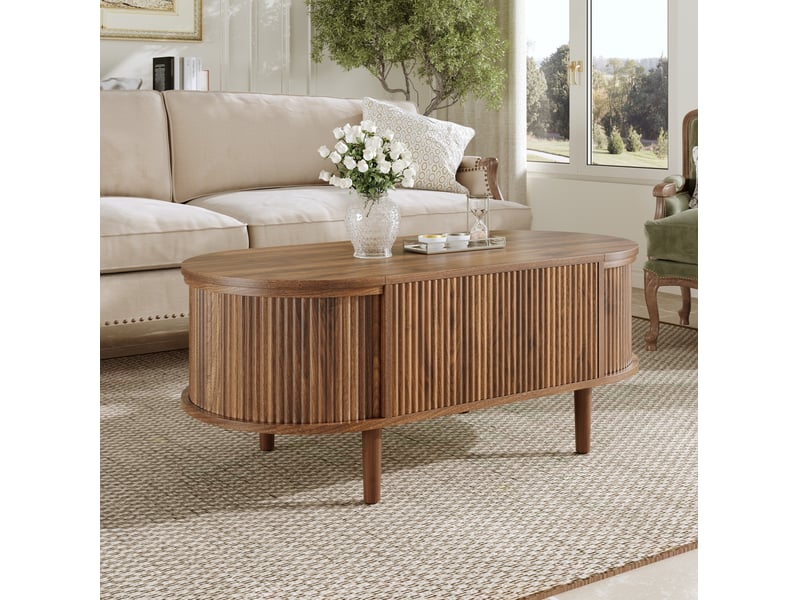 Table basse ovale relevable avec rangement 100 x 48 cm, mdf, coloris noyer - Conforama D