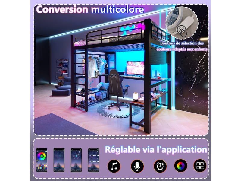  Lit mezzanine multifonctionnel 140×200 cm sans matelas, structure métal, bureau, led, échelle avec coffre, noir  - Conforama D