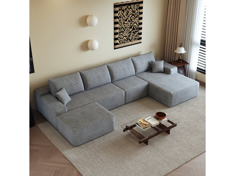  Canapé modulable gris 270cm, canapé d'angle en l moderne avec méridienne, assise profonde, sans montage  - Conforama W