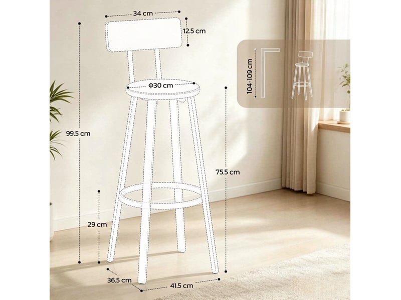  Lot de 2 tabourets de bar bicolores avec dossier, assise rembourrée et repose-pieds, style industriel moderne  - Conforama C