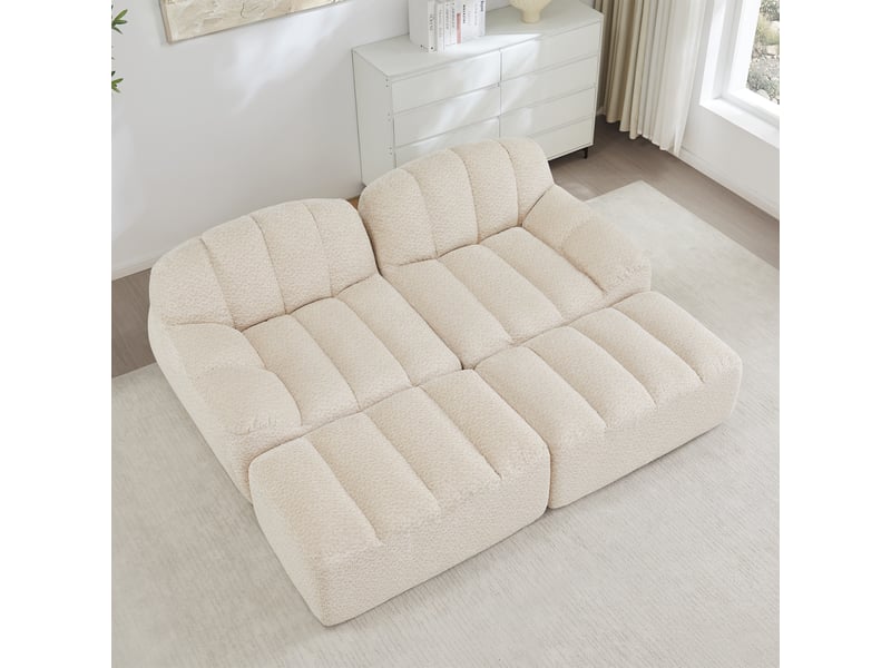 Canapé modulaire 2 places avec ottomans, assise ergonomique et mousse haute densité, en tissu beige - Conforama D