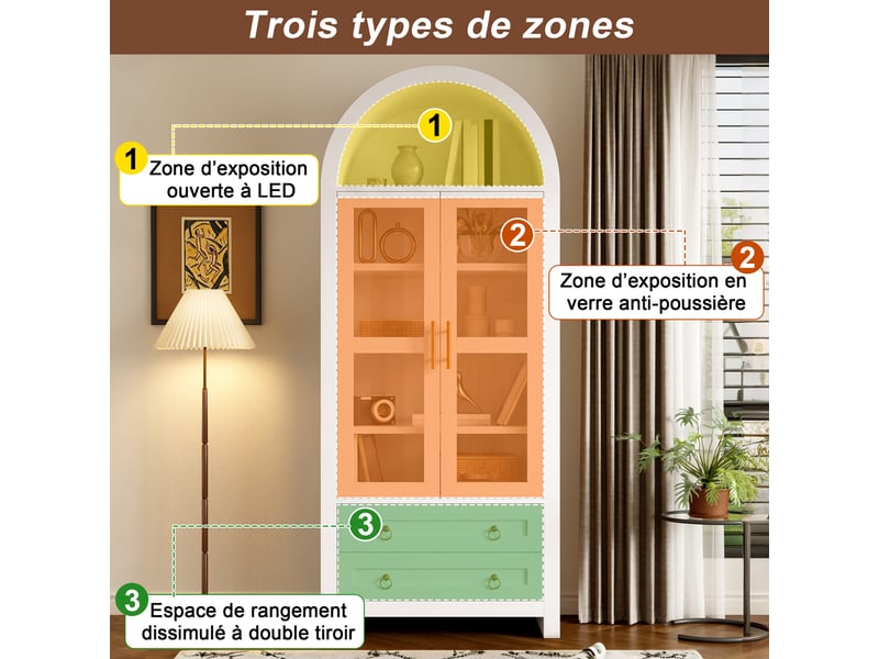  Vitrine haute 76x40x180 cm, éclairage led, portes vitrées, 2 tiroirs, design arqué, usb, rangement pour salon et séjour - blanc  - Conforama E