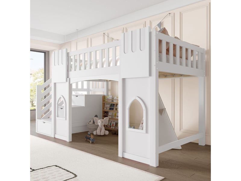  Lit mezzanine 90 x 200 cm lit simple escalier de rangement fenêtre intégrée blanc  - Conforama B