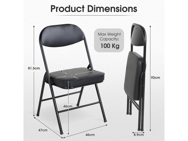  Chaise pliante lot de 4 avec assise rembourrée  - cadre en acier, patins antidérapants, simili cuir noir  - Conforama D
