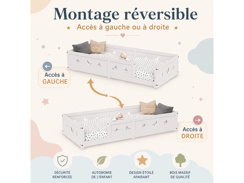  Lit enfant lit au sol 90x200cm - lit montessori avec sommier en bois massif - barrières de sécurité en motif étoiles et lune - lit cabane montessori en bois de pin, barrières contre les chutes, cadre de lit au sol, 1 personne – …  - Conforama W