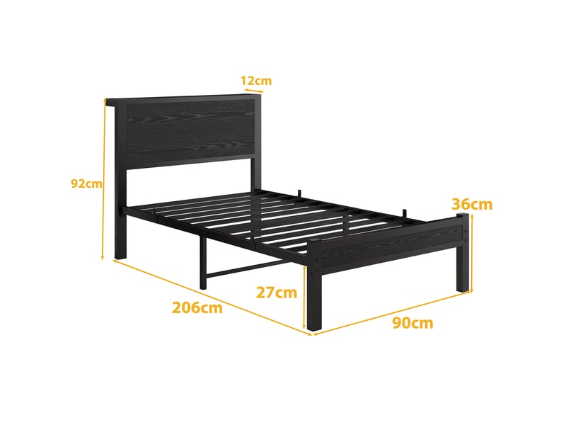 Lit simple 90 × 200 cm avec tête de lit et rangement sous le lit, sans matelas, en mdf et métal noir - Conforama D