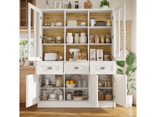 Buffet de cuisine - buffet haut avec portes acryliques vitrées -rangement tiroirs et étagères réglables mdf 140x38.5x175 - blanc