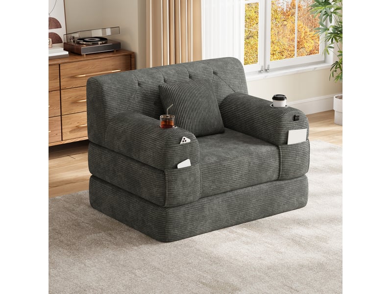  Fauteuil convertible compressé 1 place en velours côtelé gris foncé avec 2 porte-gobelets  - Conforama D