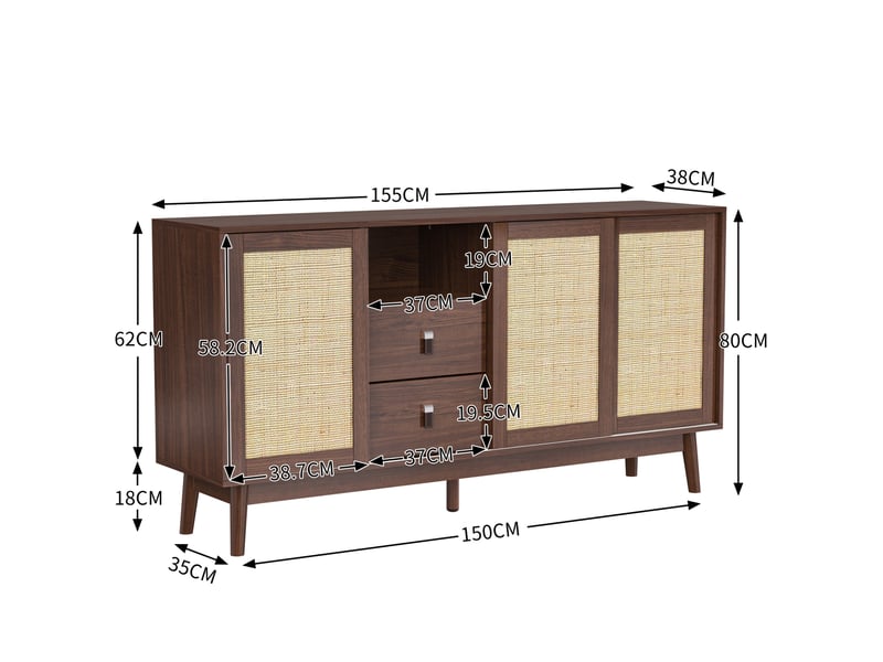  Buffet 155 x 38 x 80 cm bois foncé mdf et panneaux de particules, 3 portes coulissantes et 2 tiroirs  - Conforama C