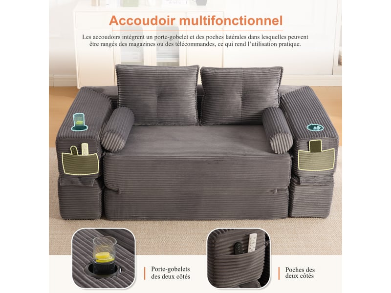  Canapé droit convertible 2 places en velours côtelé gris foncé 180x98x80 cm, poches, porte-gobelet, salon séjour 180x98x80cm - Conforama D