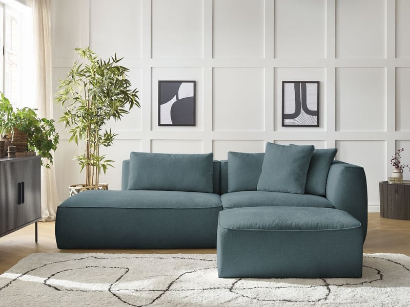  Bobochic canapé droit fixe 3 places leopold tissu texturé avec pouf bleu foncé  accoudoir droit LEOPOLD - Conforama D