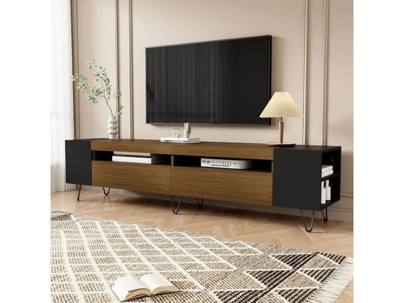  Meuble tv - console tv - lowboard 180 cm - noir et bois - 2 portes - étagères latérales ouvertes  - Conforama C