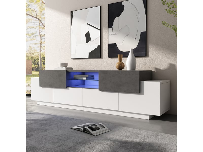  Meuble tv led 180 x 40 x 45 cm avec rangements, blanc et gris, pour tv jusqu'à 80 pouces  - Conforama B