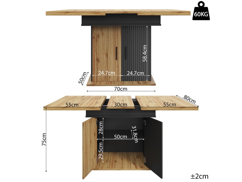  Table extensible avec rangement et étagères réglables pour salle à manger en mdf 110-140×80×75 cm noir naturel  - Conforama E