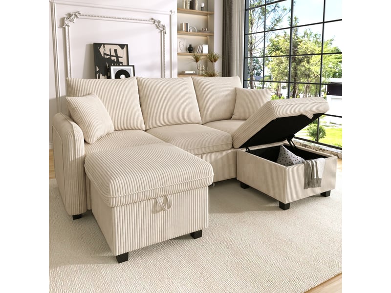 Canapé d’angle en u 3 places 188x186x86 cm convertible avec tiroirs, pouf coffre, modules séparables, chenille, beige Sol Morn - Conforama B