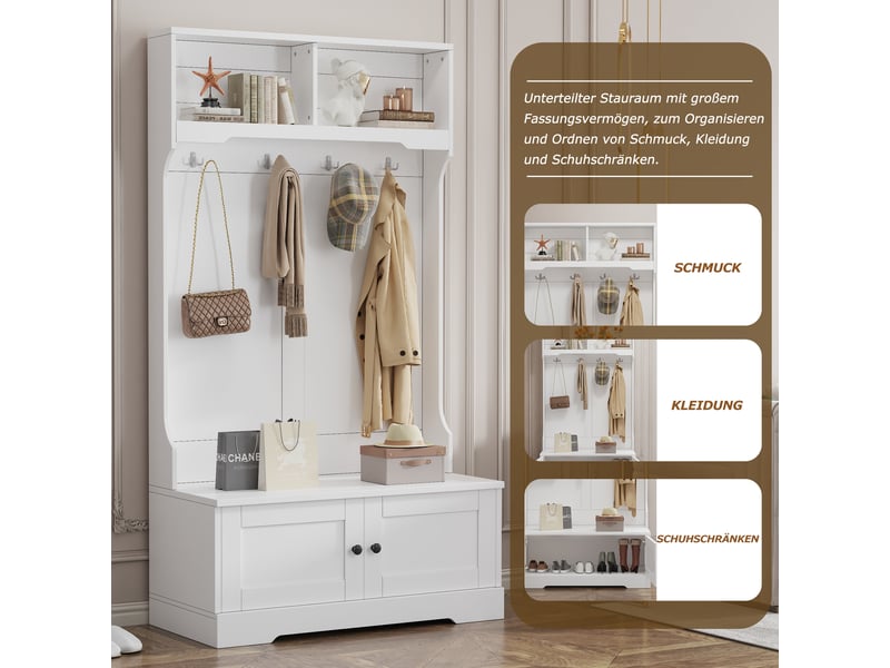 Meuble d'entrée pour chaussures avec banc, 2 portes, 2 niches et 4 crochets à fermeture douce, blanc, 101,5×183 cm  - Conforama E