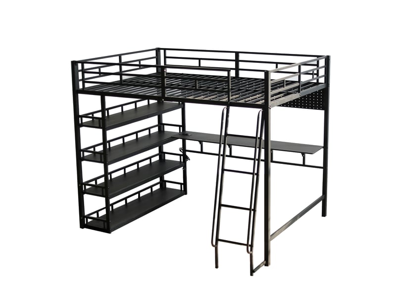 Lit mezzanine avec bureau et rangements - 140x200cm - étagères, panneau perforé et module de recharge - avec sommier à lattes - noir - Conforama A