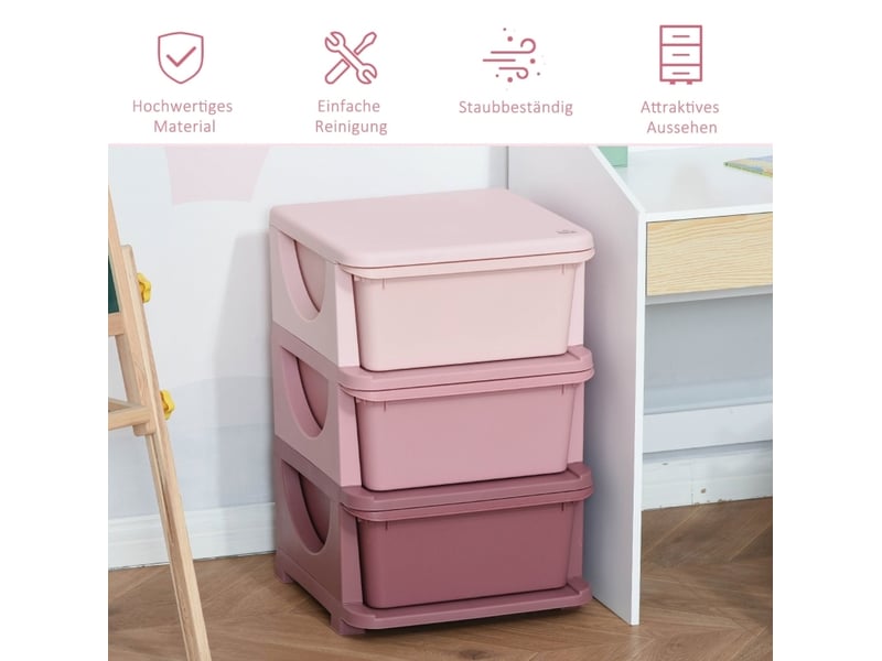  Rangement jouets enfant 37 x 37 x 56,5 cm rose en plastique, 3 bacs amovibles avec poignées  - Conforama B