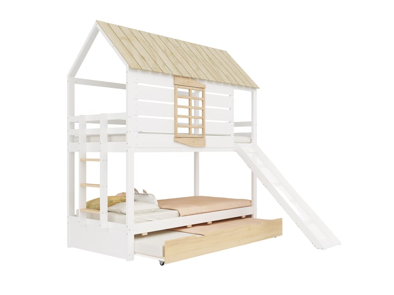  Lit adulte chambre couchage 90x200 avec tiroir maison toboggan blanc naturel homvra  - Conforama A