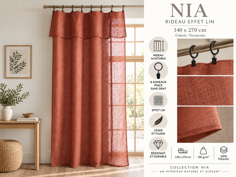  Rideau ajustable + 8 anneaux pince 140 x 270 cm polyester effet lin nia terracotta 15663 - Conforama C