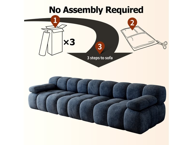  Canapé compressé 3 places 300x100x68 cm sans structure, sans montage, mousse haute résilience, assise profonde et large, tissu chenille bleu  - Conforama E