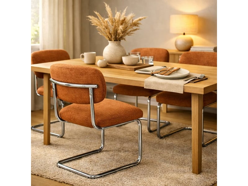  Lot de 4 chaises salle à manger tissu terracotta, pied chrome - arc  - Conforama B