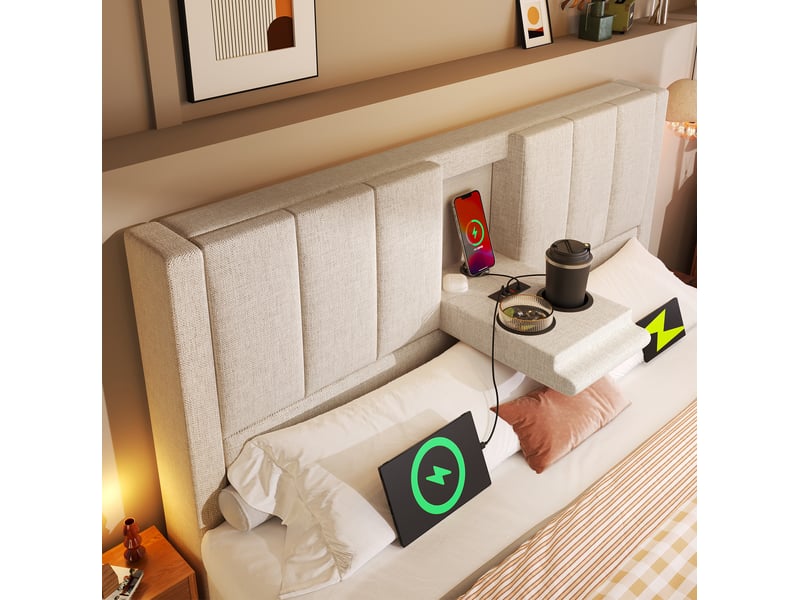 Lit coffre double 140x200 cm avec porte-gobelet et station de charge usb, sommier inclus, bois et métal, couleur beige  - Conforama E