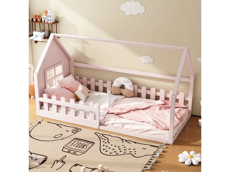 Lit cabane enfant 90x200 cm, lit fille rose en bois avec sommier, cadre de lit simple pour chambre d'enfant, design créatif. - Conforama B