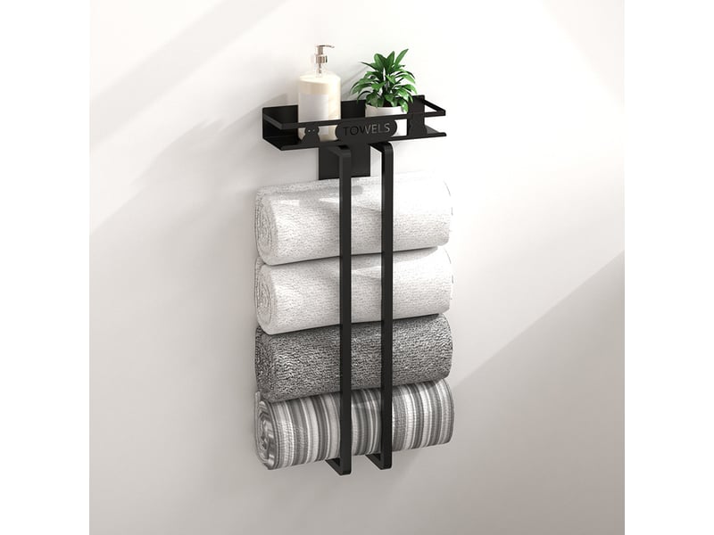  Portasciugamani da bagno, porta-asciugamani da 40 cm con mensola, porta-asciugamani nero per ospiti — adatto per cucina, bagno e camera da letto  - Conforama A